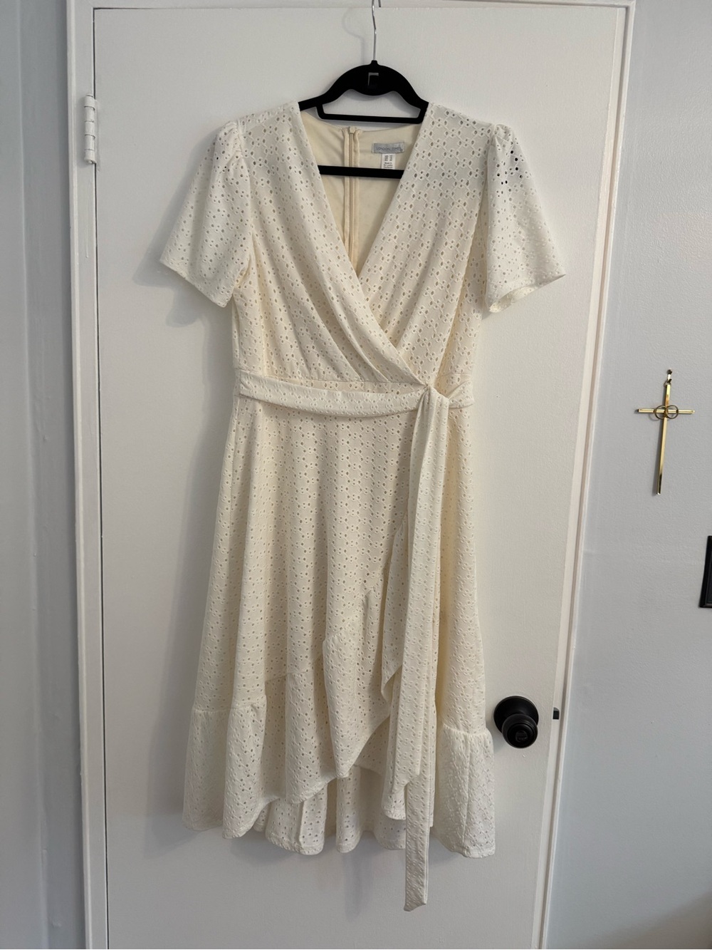 London Times Cream Eyelet High-Low Wrap Dress